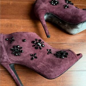 Michael Kors Embellished Peep-Toe Suede Booties in Plum